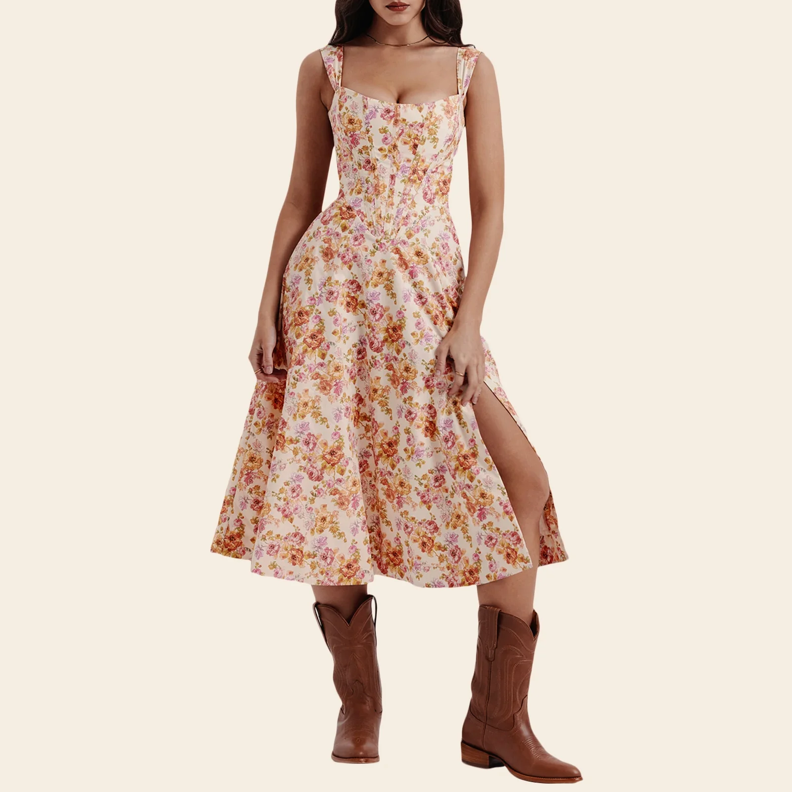 Low Cut A-Line Slit Floral Dress - Image 4