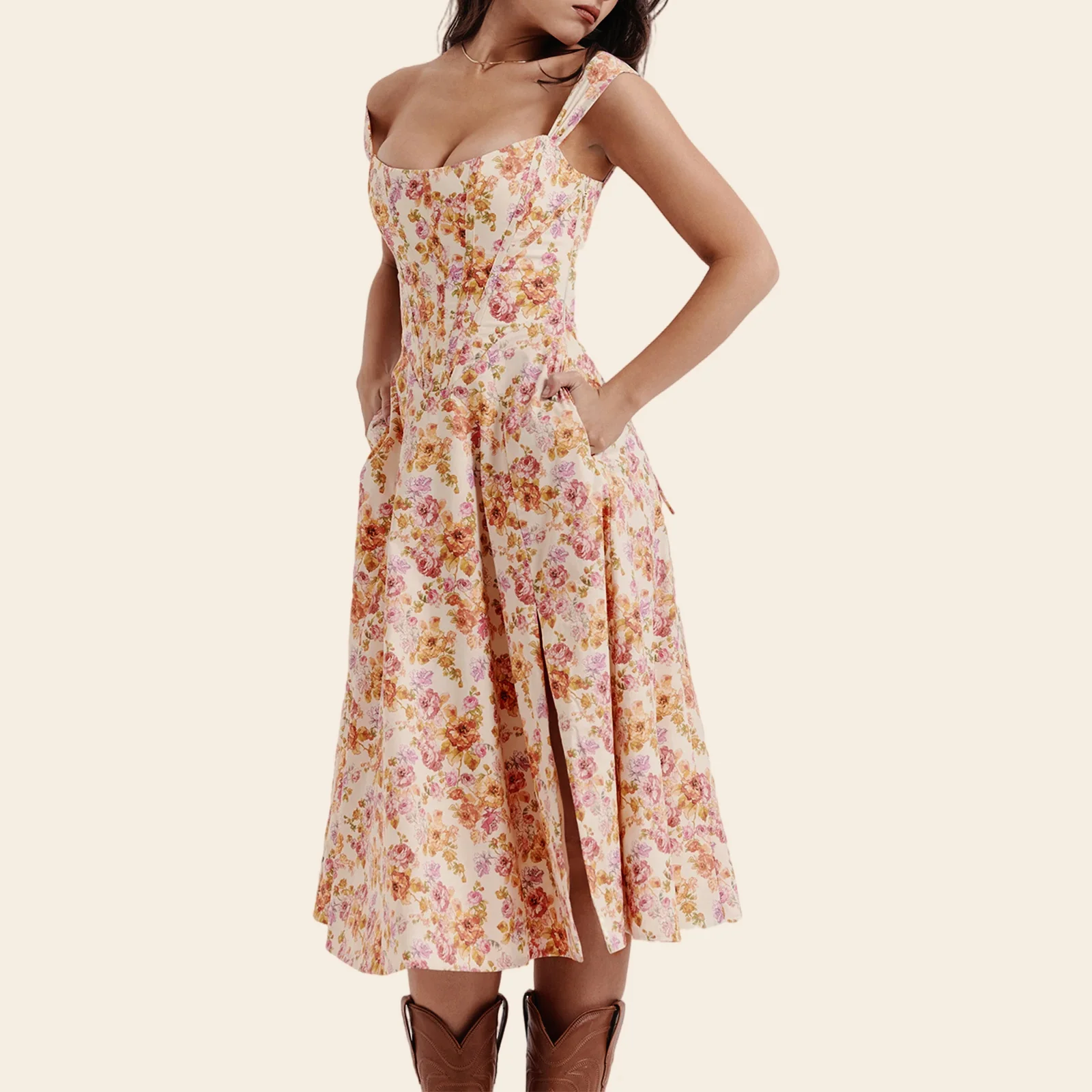 Low Cut A-Line Slit Floral Dress - Image 5