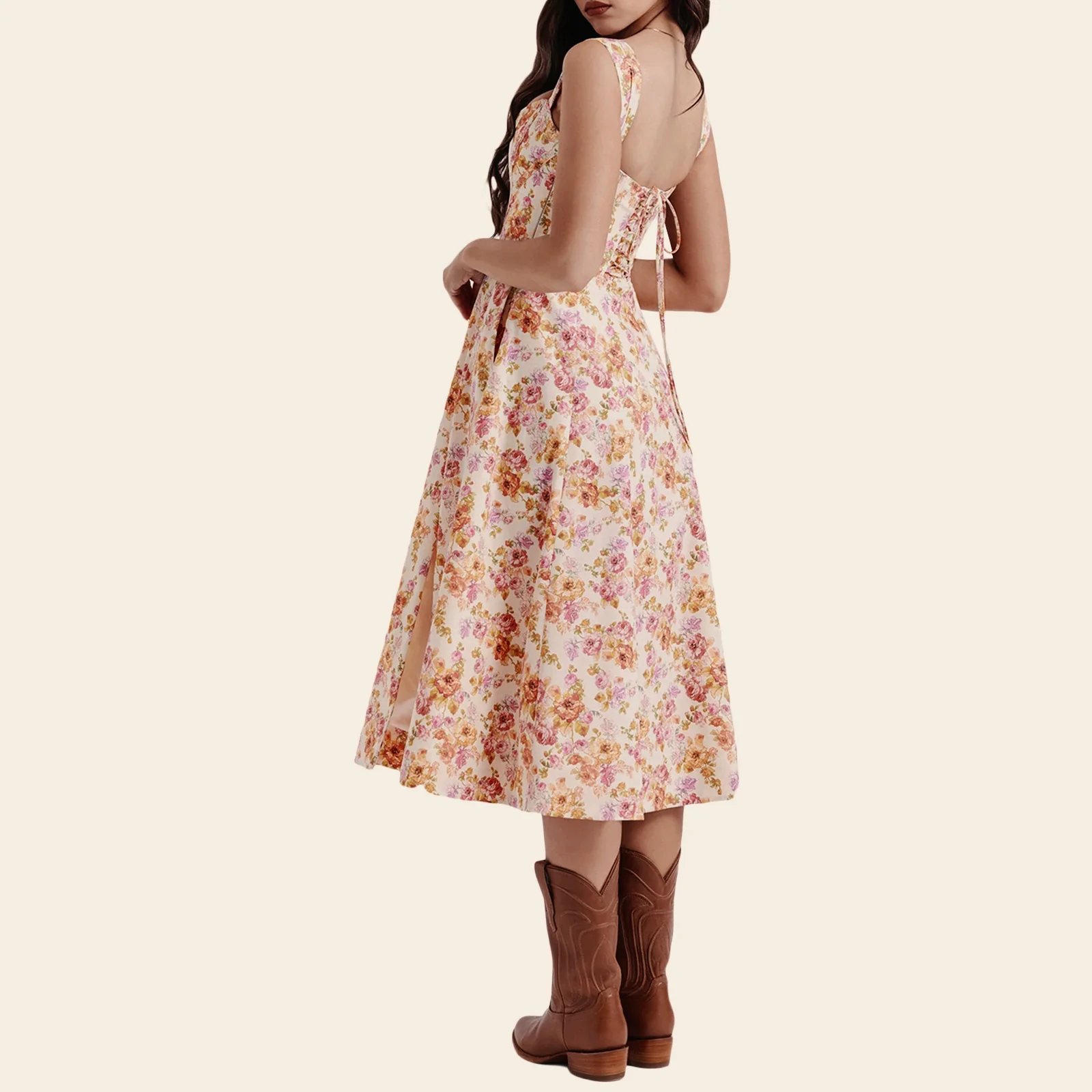 Low Cut A-Line Slit Floral Dress - Image 6