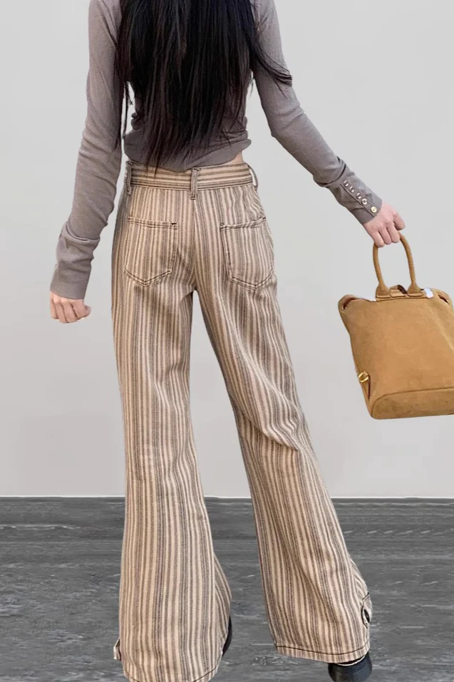 Low Waist Micro Flare Khaki Striped Y2K Slim Jeans - Image 2