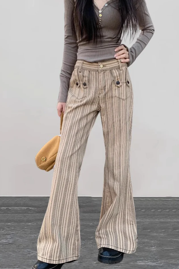 Low Waist Micro Flare Khaki Striped Y2K Slim Jeans - Image 3