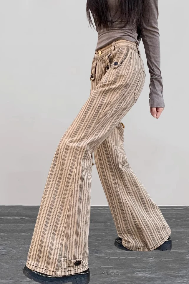 Low Waist Micro Flare Khaki Striped Y2K Slim Jeans - Image 4