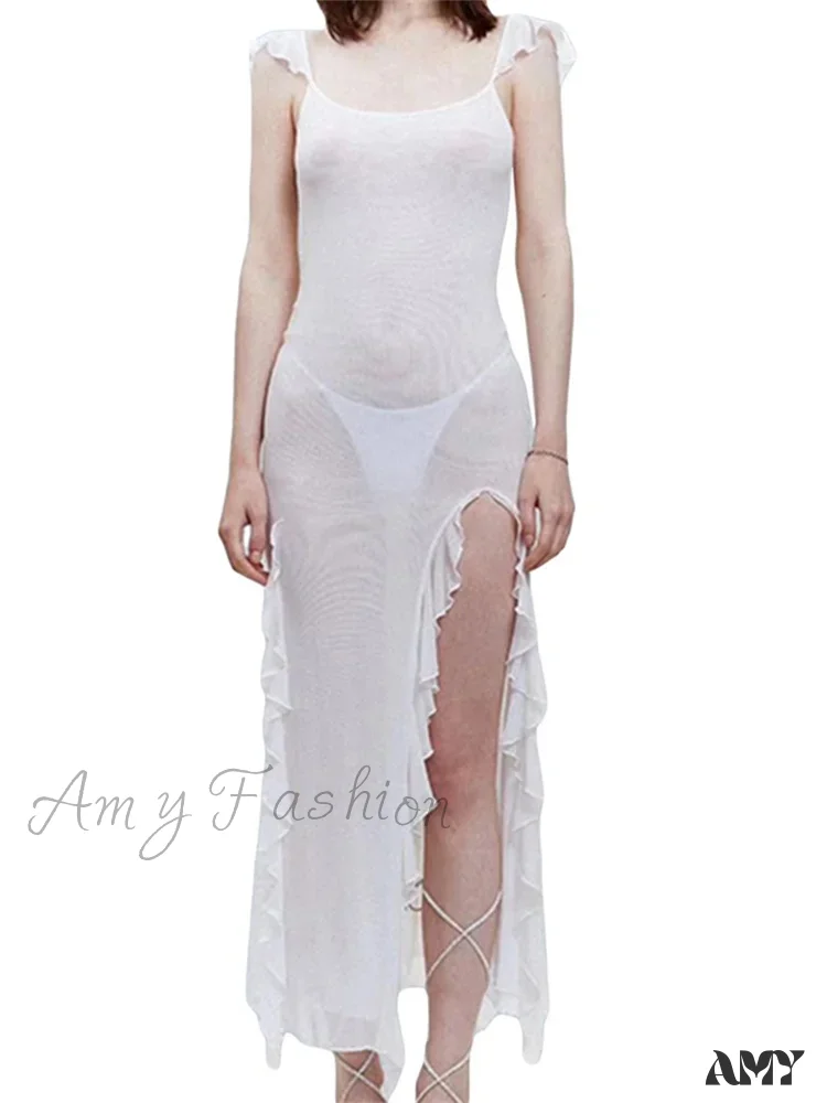 Amy Fashion - Mesh Sheer See Through  Summer Beach Cover Ups for Women Sleeveless Backless Ruffles Split Tassels Vestidos - Image 2