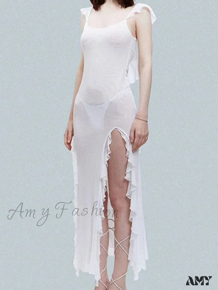 Amy Fashion - Mesh Sheer See Through  Summer Beach Cover Ups for Women Sleeveless Backless Ruffles Split Tassels Vestidos - Image 3