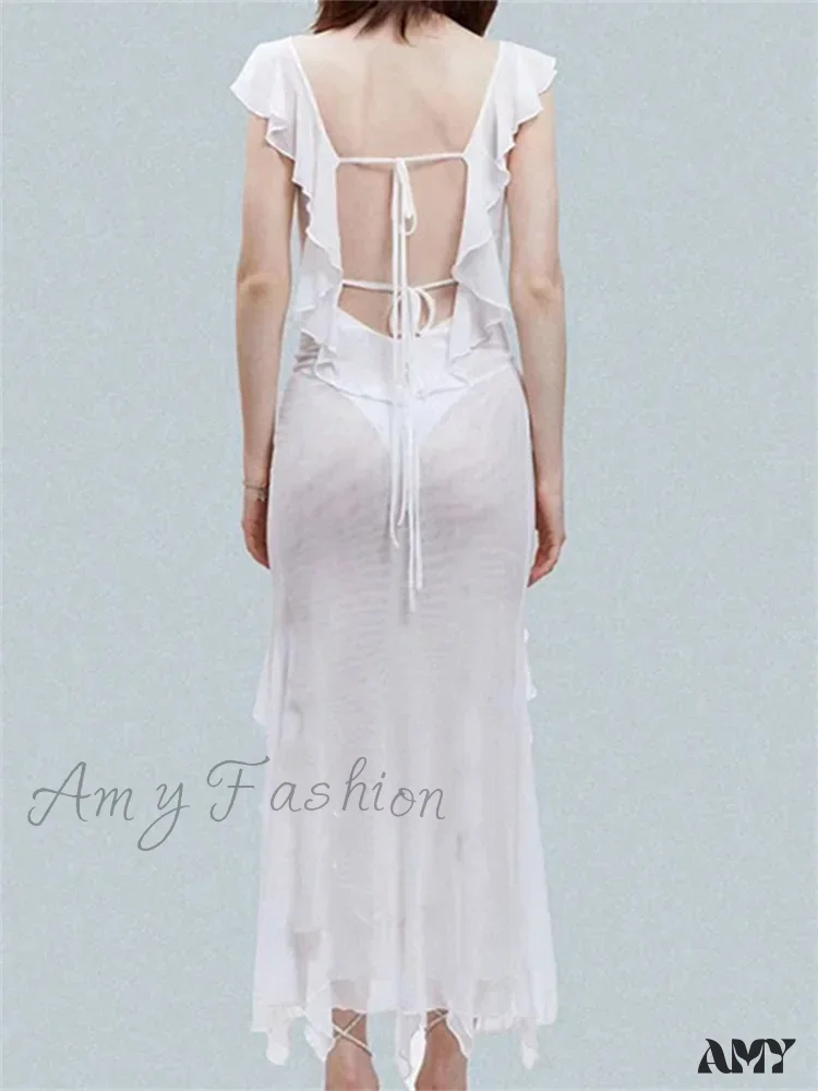 Amy Fashion - Mesh Sheer See Through  Summer Beach Cover Ups for Women Sleeveless Backless Ruffles Split Tassels Vestidos - Image 4
