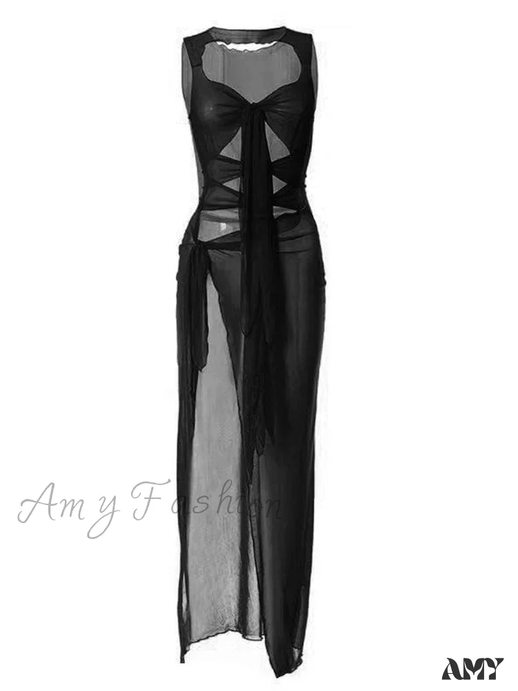 Amy Fashion - Mesh Sheer See Through Summer  for Women Beach Party Clubwear Sleeveless Hollow Out  Female Vestidos - Image 3