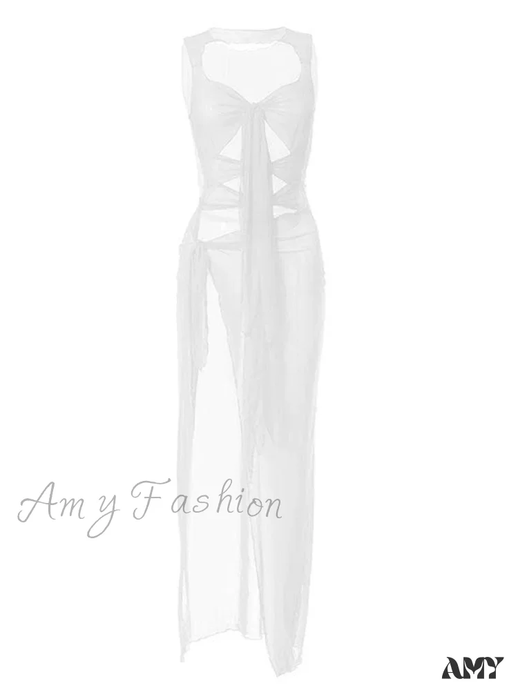 Amy Fashion - Mesh Sheer See Through Summer  for Women Beach Party Clubwear Sleeveless Hollow Out  Female Vestidos - Image 4