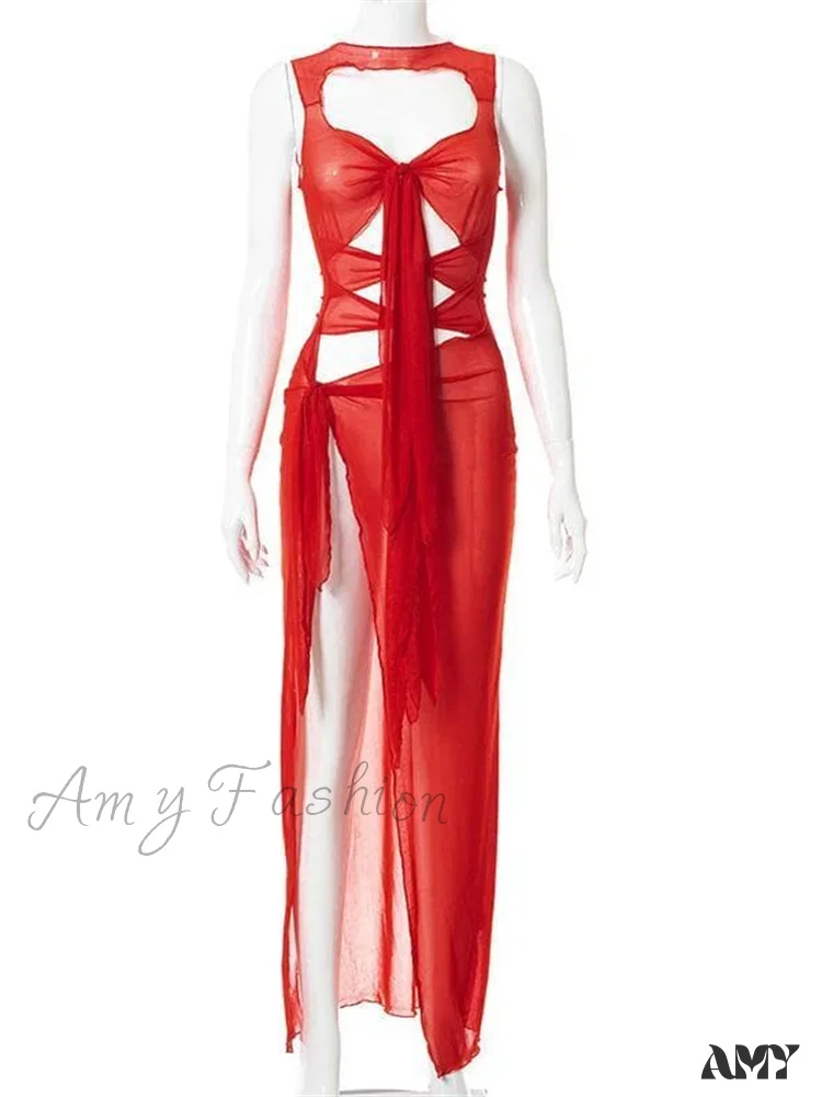 Amy Fashion - Mesh Sheer See Through Summer  for Women Beach Party Clubwear Sleeveless Hollow Out  Female Vestidos - Image 5