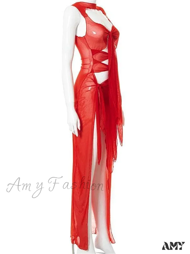 Amy Fashion - Mesh Sheer See Through Summer  for Women Beach Party Clubwear Sleeveless Hollow Out  Female Vestidos - Image 6
