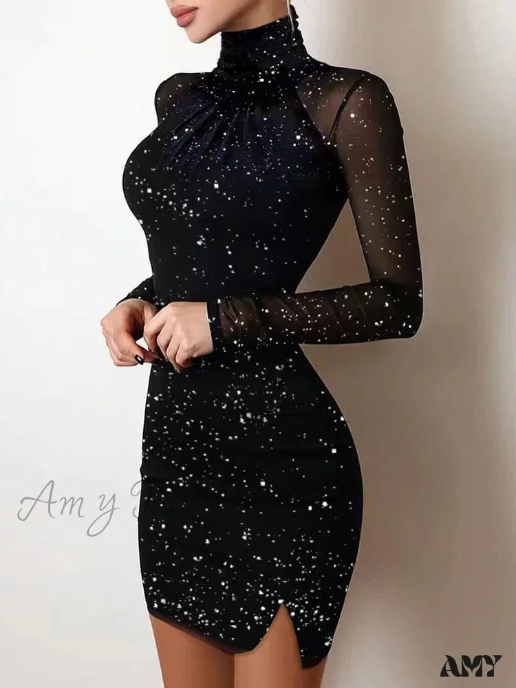Amy Fashion - Mesh Transparent Shiny Print Turtleneck Long Sleeve Dress - Image 3