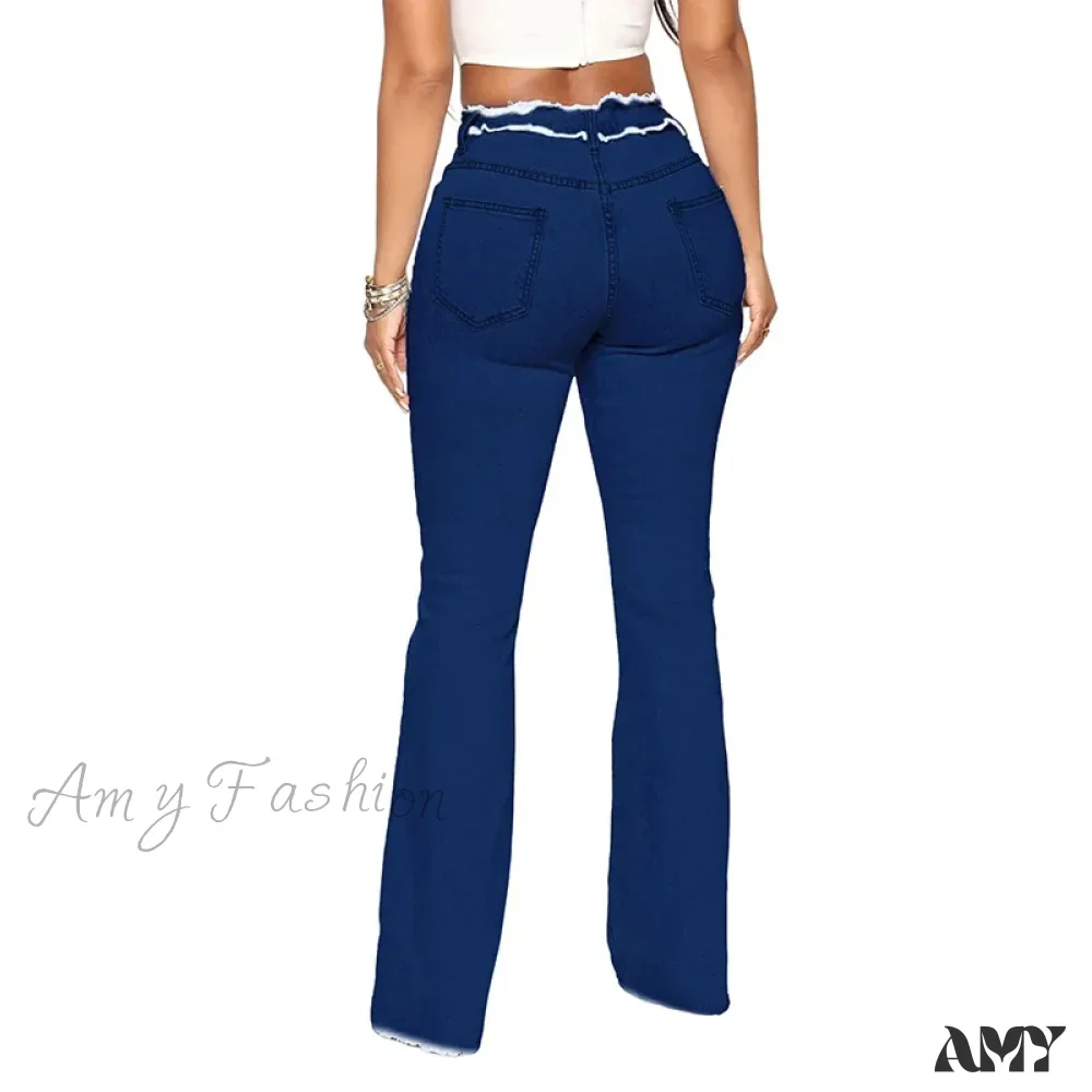 Mid Waist Flare Slim Fit Ankle Length Flat Pockets Solid Color Streetwear Wide Leg Jean - Image 3