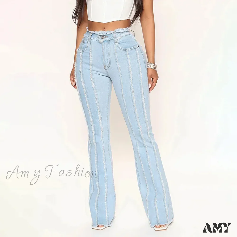Mid Waist Flare Slim Fit Ankle Length Flat Pockets Solid Color Streetwear Wide Leg Jean - Image 4