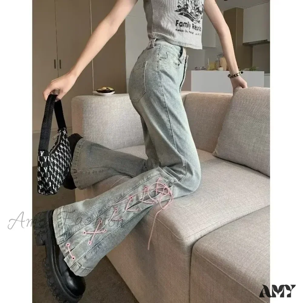 Amy Fashion - Mini Slacks Retro High Waist For Female Xia Spicy Girls Slim Straight Bell Autumn Jean - Image 2