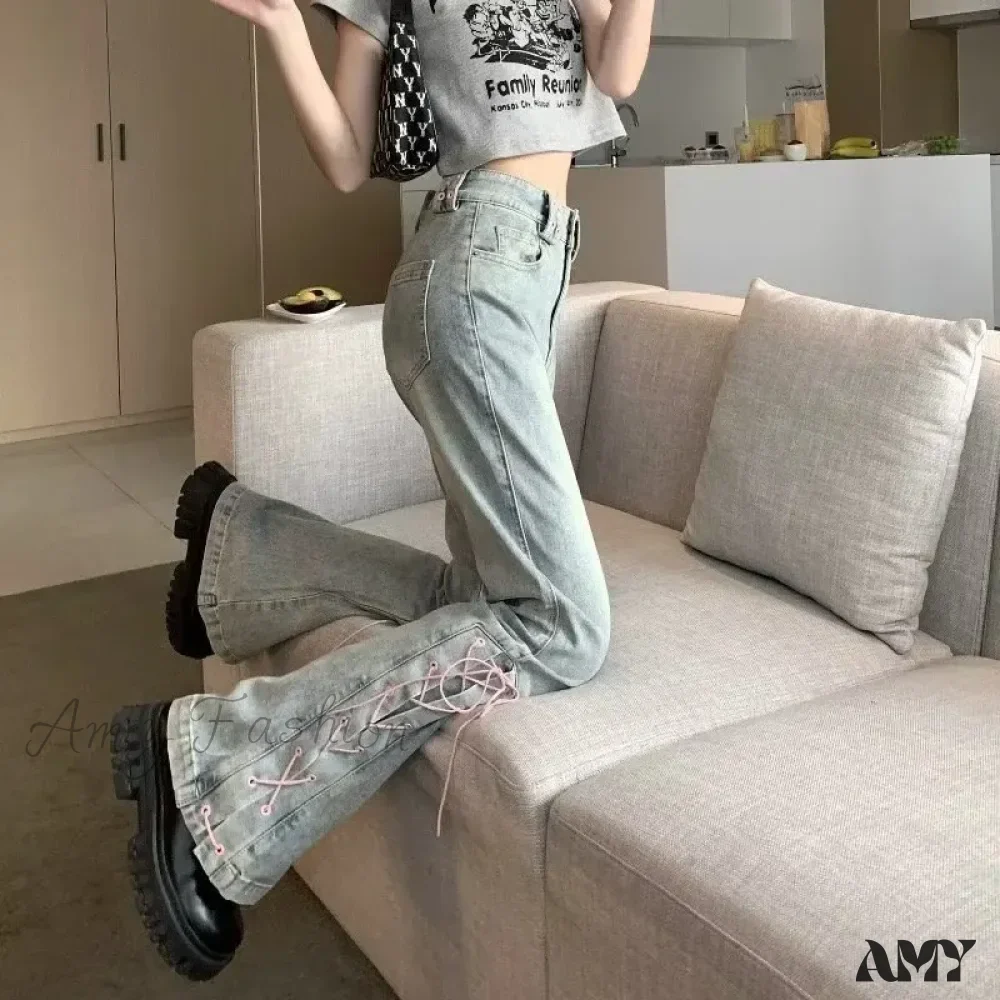 Amy Fashion - Mini Slacks Retro High Waist For Female Xia Spicy Girls Slim Straight Bell Autumn Jean - Image 3