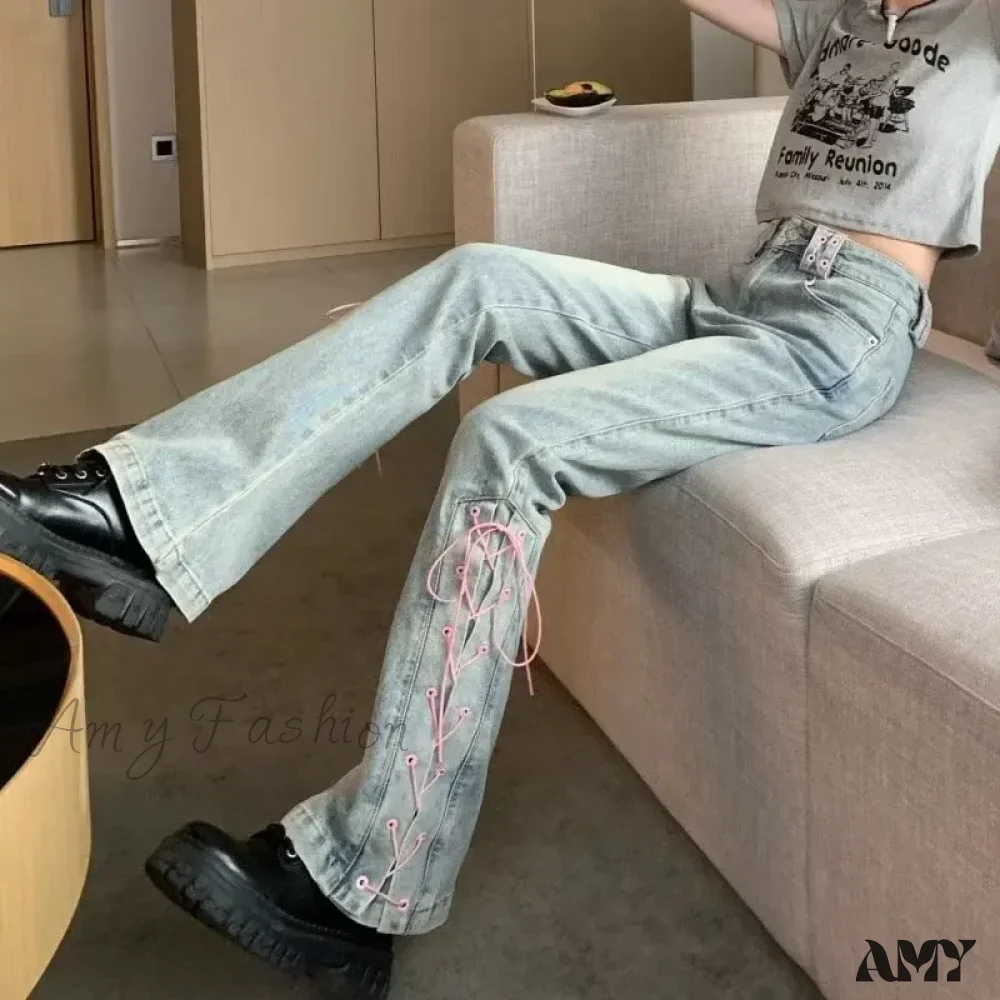 Amy Fashion - Mini Slacks Retro High Waist For Female Xia Spicy Girls Slim Straight Bell Autumn Jean - Image 4