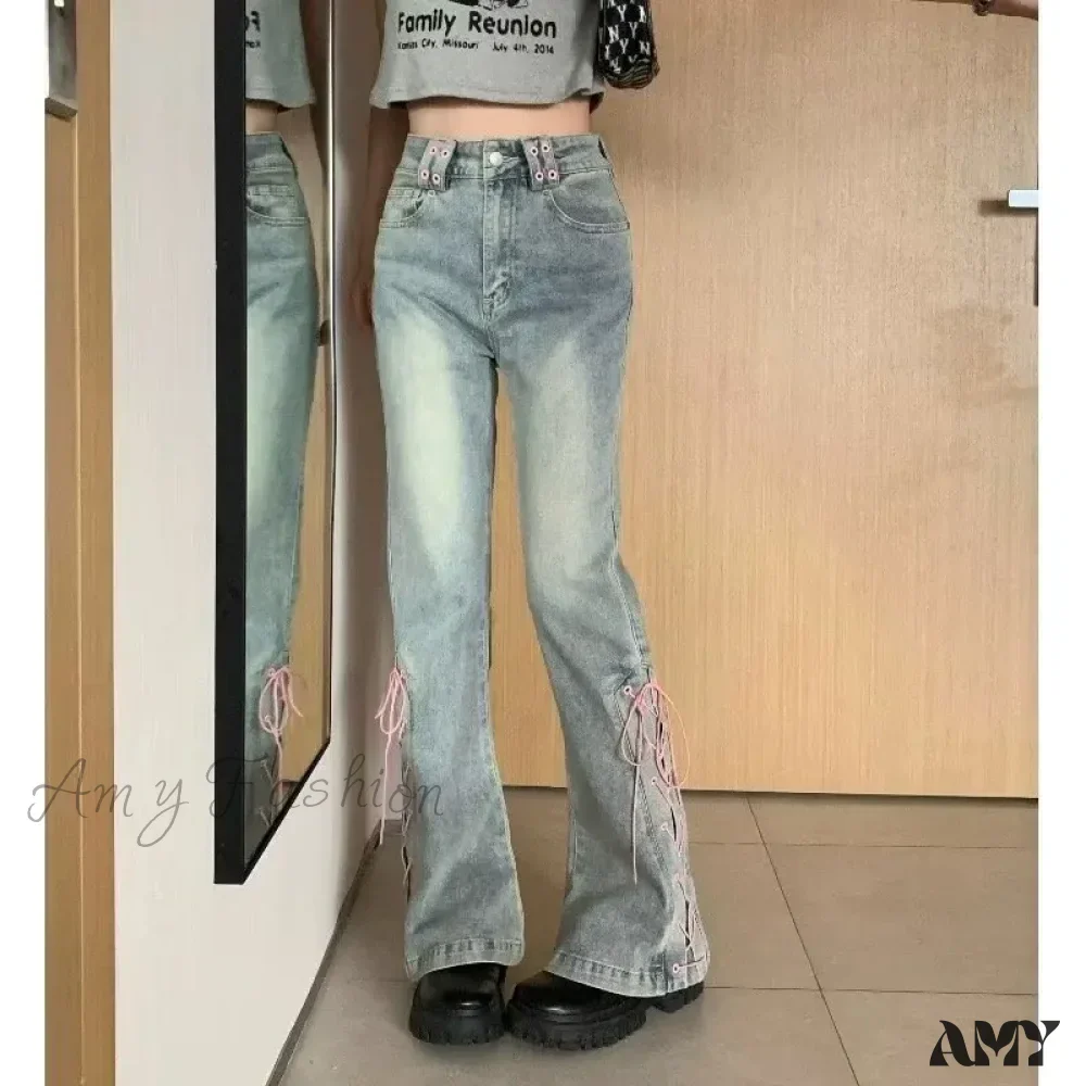 Amy Fashion - Mini Slacks Retro High Waist For Female Xia Spicy Girls Slim Straight Bell Autumn Jean - Image 5