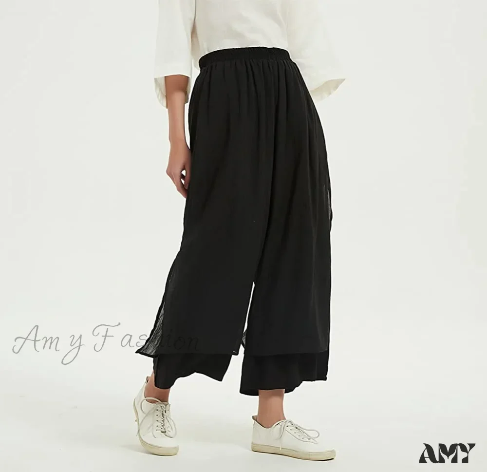 Amy Fashion - Women's Wide Leg Pants Loose Layer Elastic Waist Capris - Image 12