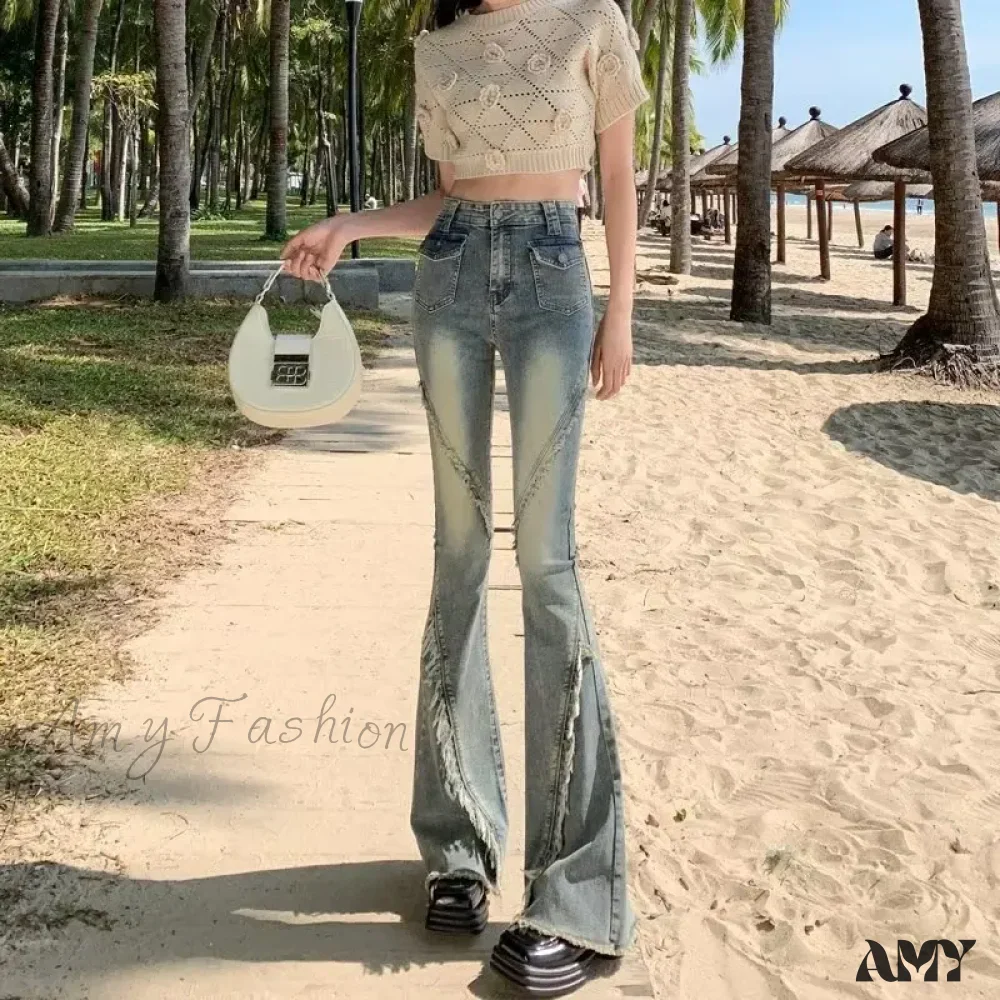Amy Fashion - Minimalist Literary Versatile Japanese Dark Micro Flared High Waisted Fashion Jean - Image 2