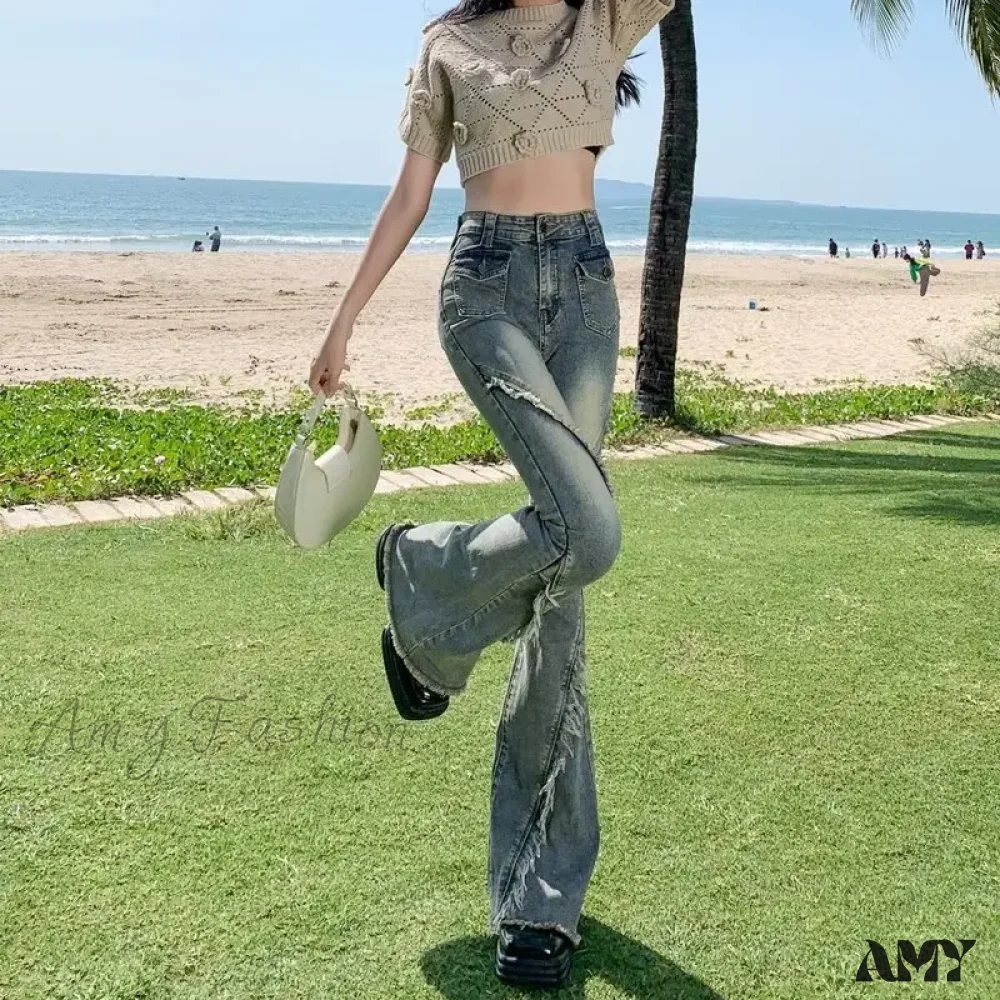 Amy Fashion - Minimalist Literary Versatile Japanese Dark Micro Flared High Waisted Fashion Jean - Image 3