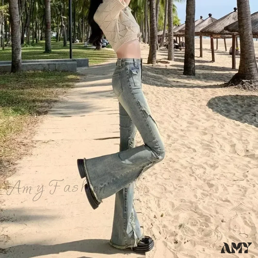 Amy Fashion - Minimalist Literary Versatile Japanese Dark Micro Flared High Waisted Fashion Jean - Image 4