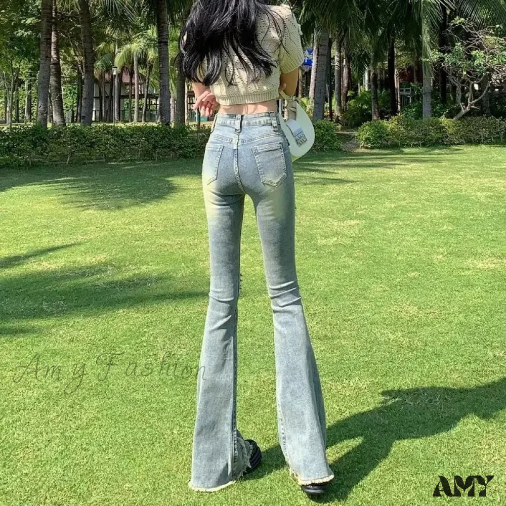 Amy Fashion - Minimalist Literary Versatile Japanese Dark Micro Flared High Waisted Fashion Jean - Image 6