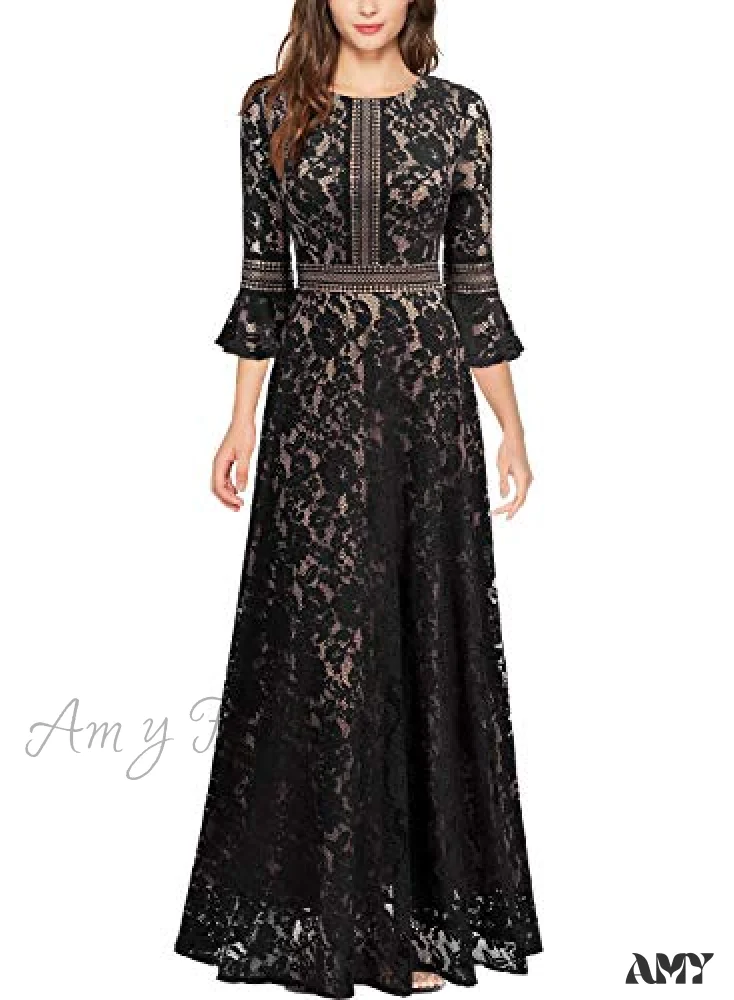 Christmas Vintage Full Lace Contrast Bell Sleeve Formal Long Dress - Image 3
