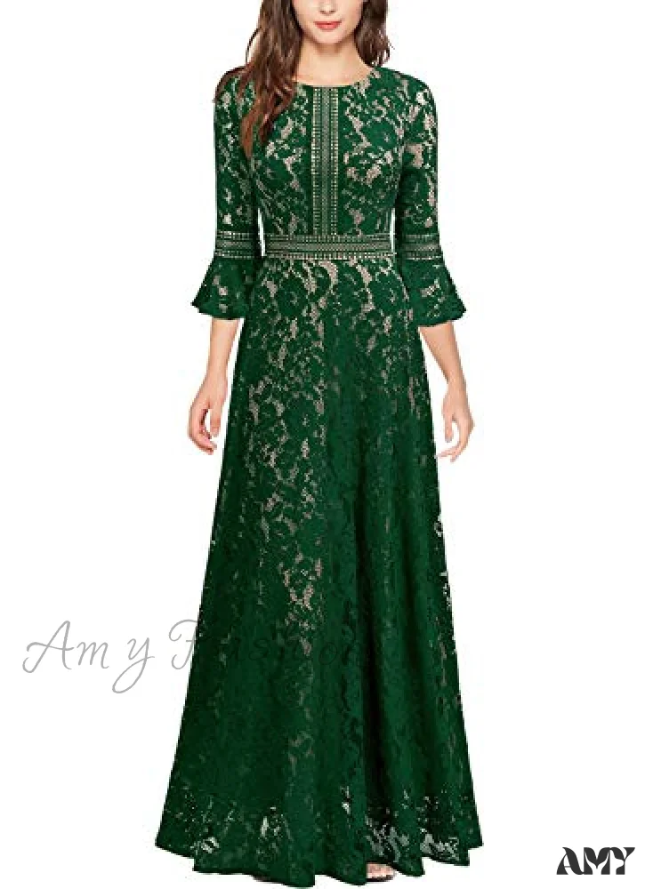 Christmas Vintage Full Lace Contrast Bell Sleeve Formal Long Dress - Image 4