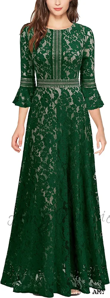 Christmas Vintage Full Lace Contrast Bell Sleeve Formal Long Dress - Image 5