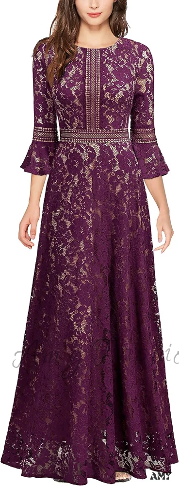 Christmas Vintage Full Lace Contrast Bell Sleeve Formal Long Dress - Image 6