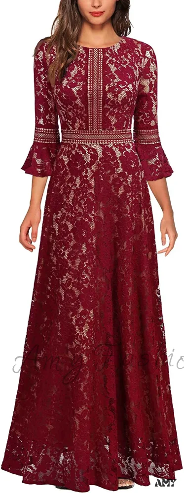Christmas Vintage Full Lace Contrast Bell Sleeve Formal Long Dress - Image 7