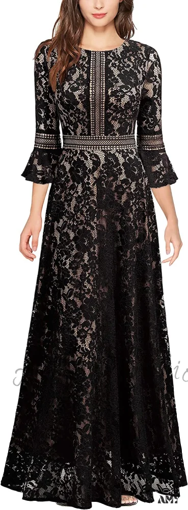 Christmas Vintage Full Lace Contrast Bell Sleeve Formal Long Dress - Image 8