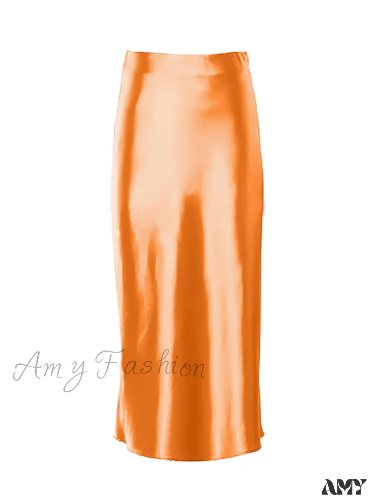 Amy Fashion - Solid Purple Satin Silk Skirt - Image 13