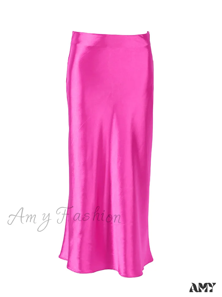Amy Fashion - Solid Purple Satin Silk Skirt - Image 14
