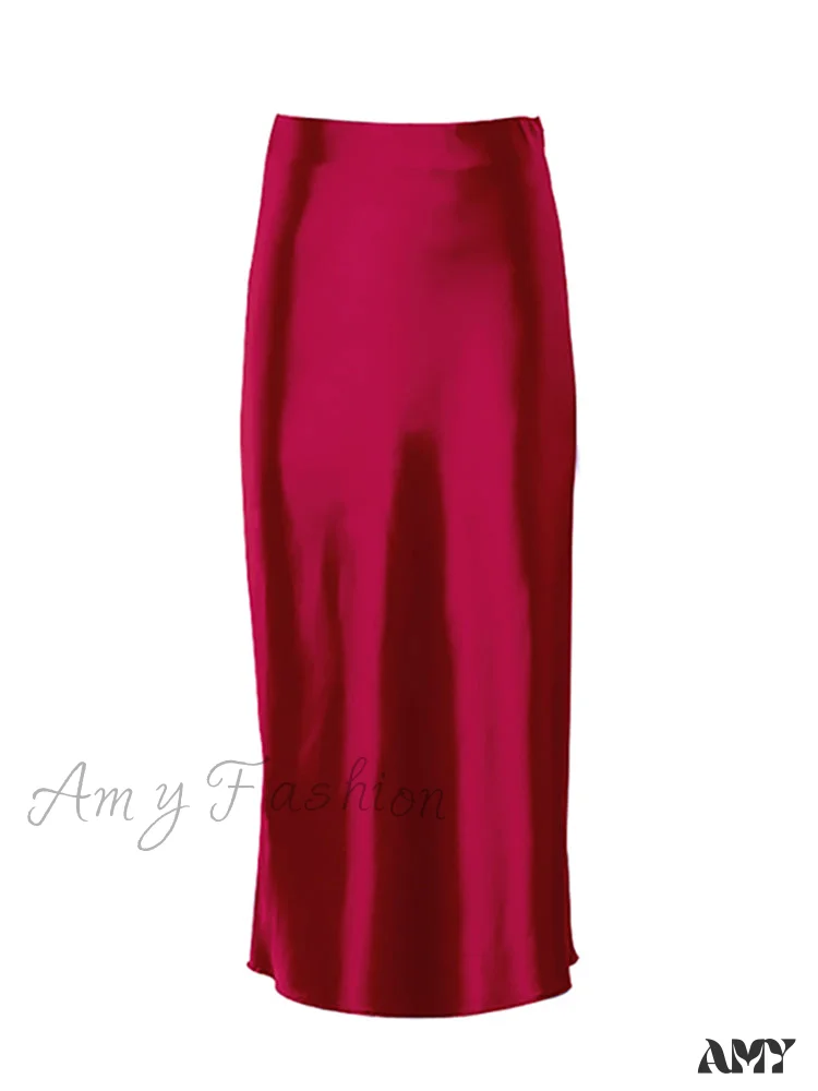 Amy Fashion - Solid Purple Satin Silk Skirt - Image 16