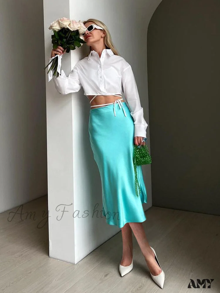 Amy Fashion - Solid Purple Satin Silk Skirt - Image 2