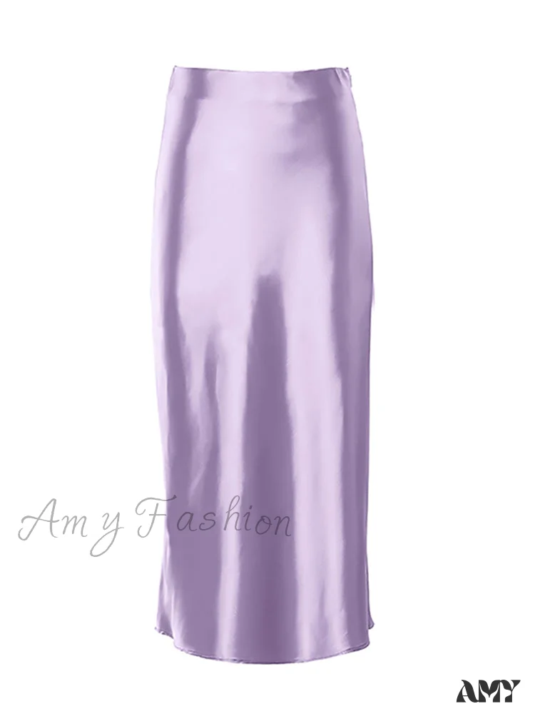 Amy Fashion - Solid Purple Satin Silk Skirt - Image 3