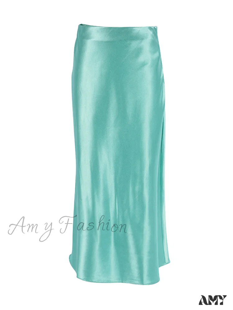 Amy Fashion - Solid Purple Satin Silk Skirt - Image 4