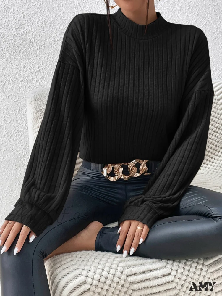 Amy Fashion - Mock Neck Drop Shoulder Tee - Image 3