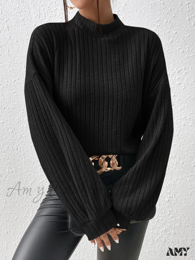 Amy Fashion - Mock Neck Drop Shoulder Tee - Image 4