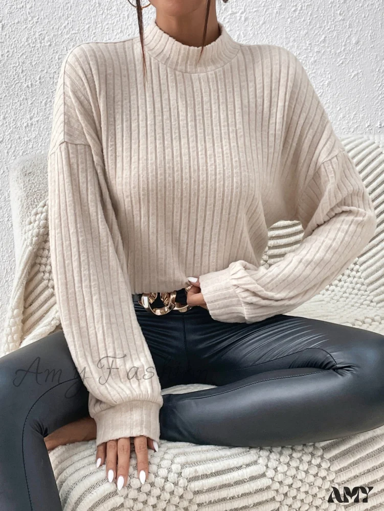 Amy Fashion - Mock Neck Drop Shoulder Tee - Image 6