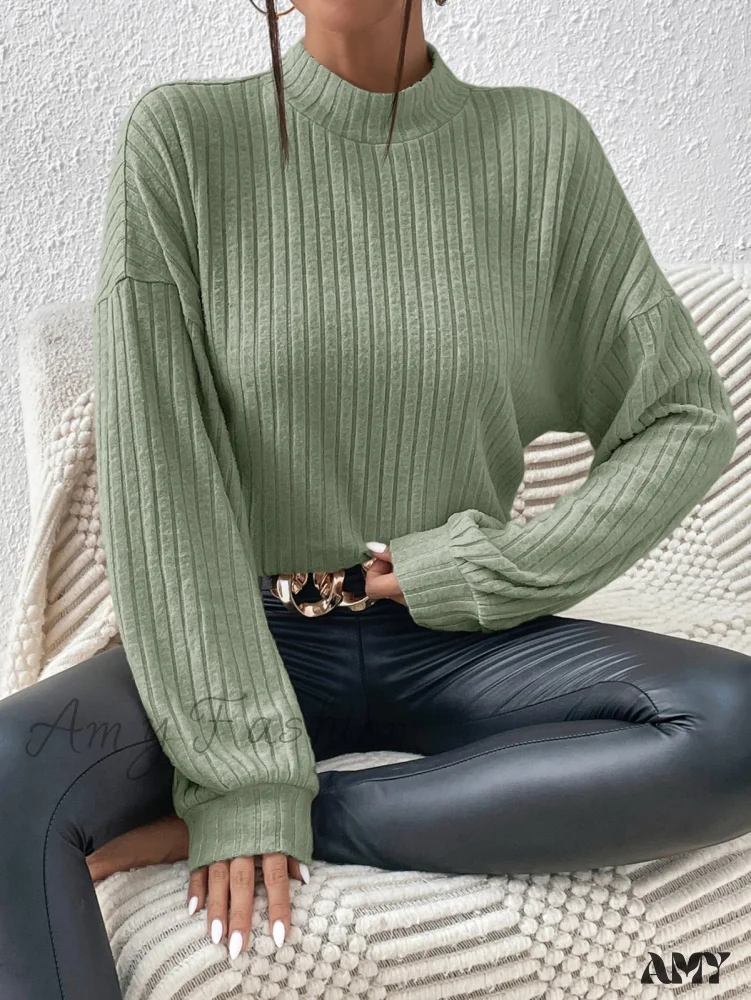 Amy Fashion - Mock Neck Drop Shoulder Tee - Image 7