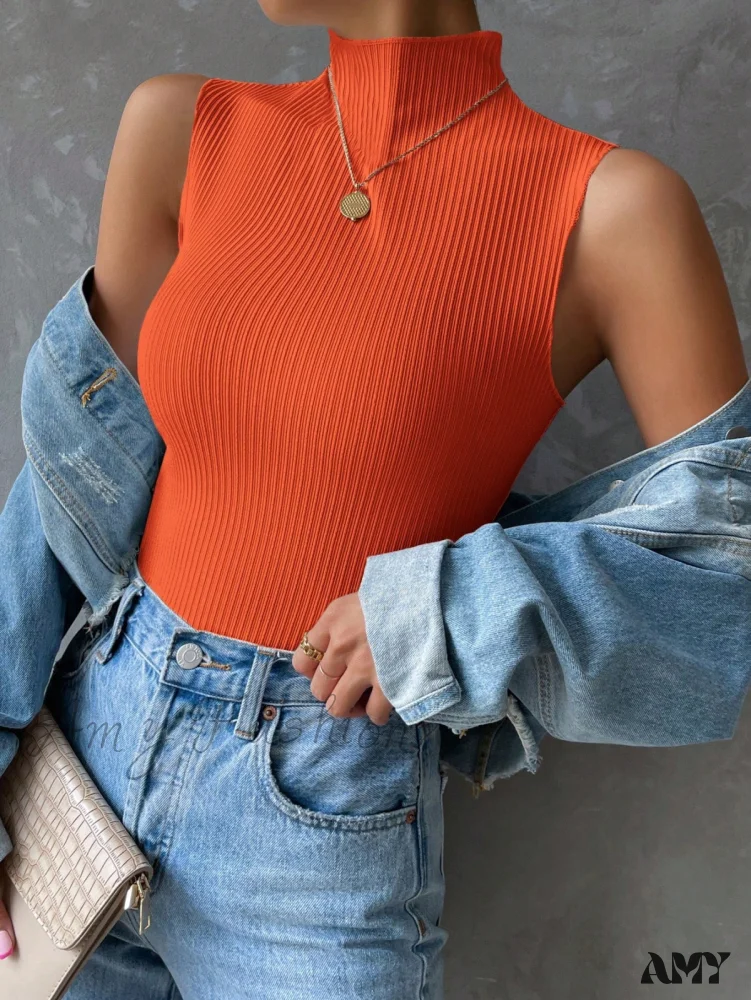 Amy Fashion - Mock Neck Ribbed Knit Tank Top - Image 15