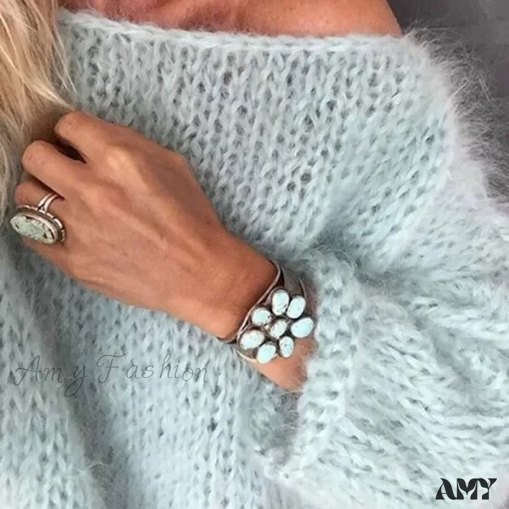 Mohair Women Lantern Long Sleeve Fluffy Cozy Casual Chic Stylish Warm Oversized Trendy Sweater - Image 2