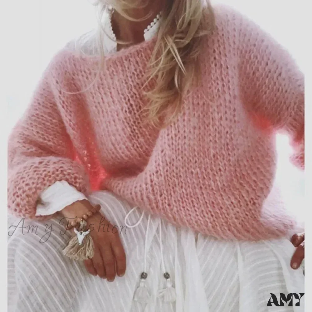 Mohair Women Lantern Long Sleeve Fluffy Cozy Casual Chic Stylish Warm Oversized Trendy Sweater - Image 3