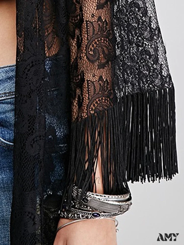 Amy Fashion - Long Perspective Kimono Loose Tassels Shawl Cardigan - Image 2