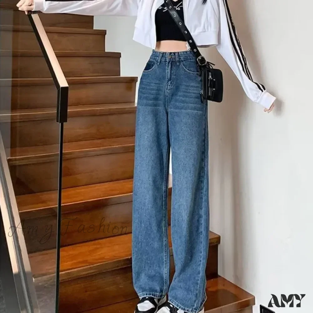 Amy Fashion - Natural Waist New Button Minimalist Trendy Summer Ins Wash Long Harajuku Wide Leg Black Jean - Image 2