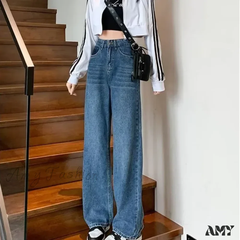 Amy Fashion - Natural Waist New Button Minimalist Trendy Summer Ins Wash Long Harajuku Wide Leg Black Jean - Image 3