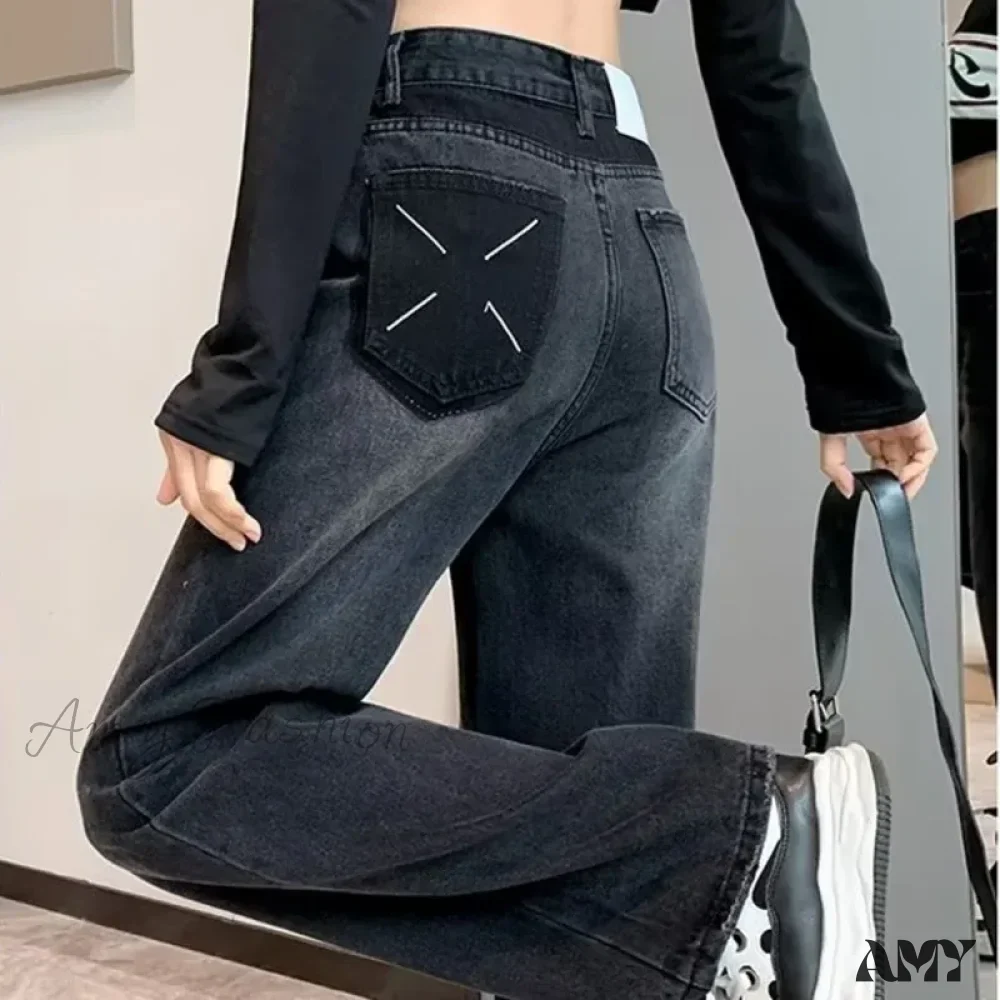 Amy Fashion - Natural Waist New Button Minimalist Trendy Summer Ins Wash Long Harajuku Wide Leg Black Jean - Image 4