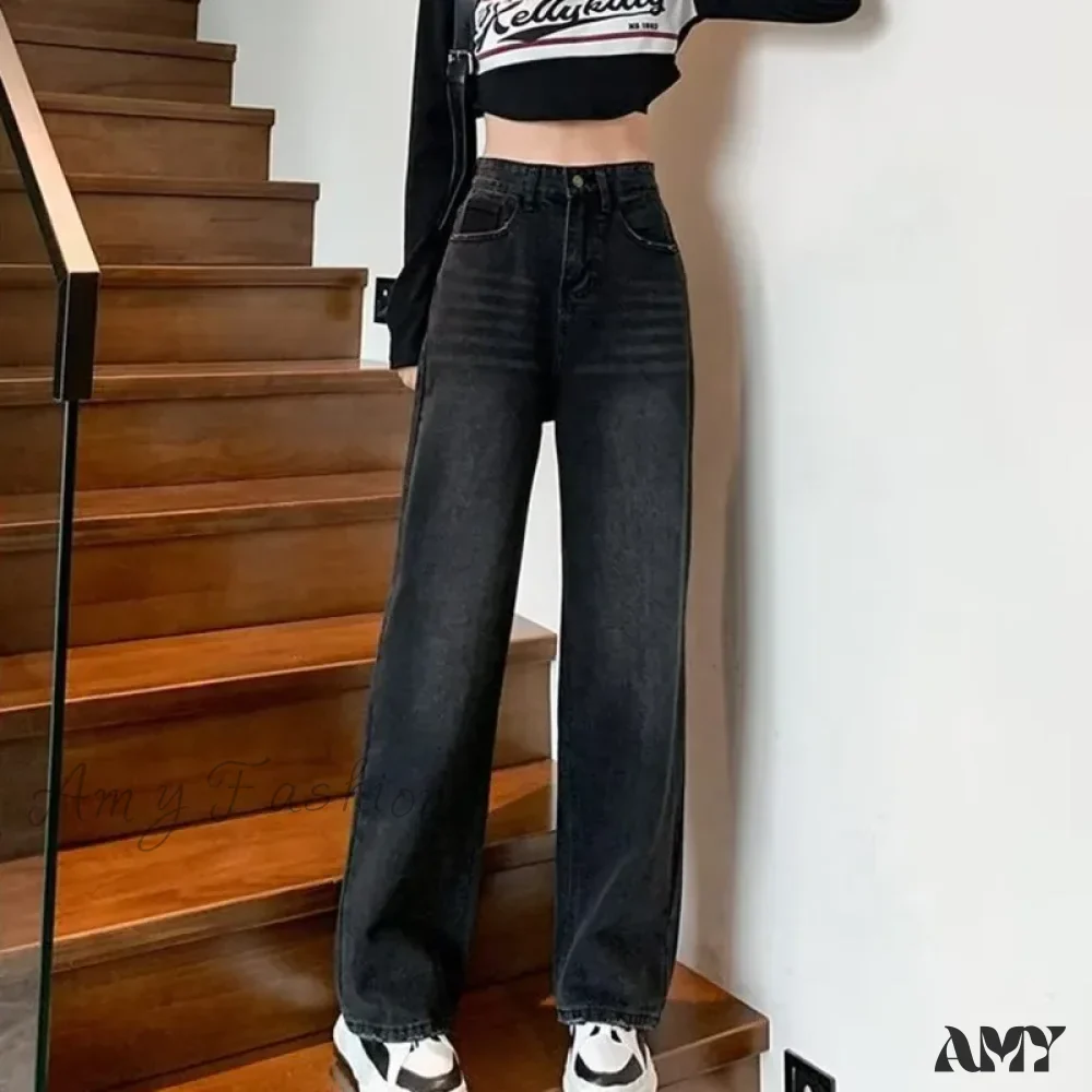 Amy Fashion - Natural Waist New Button Minimalist Trendy Summer Ins Wash Long Harajuku Wide Leg Black Jean - Image 5