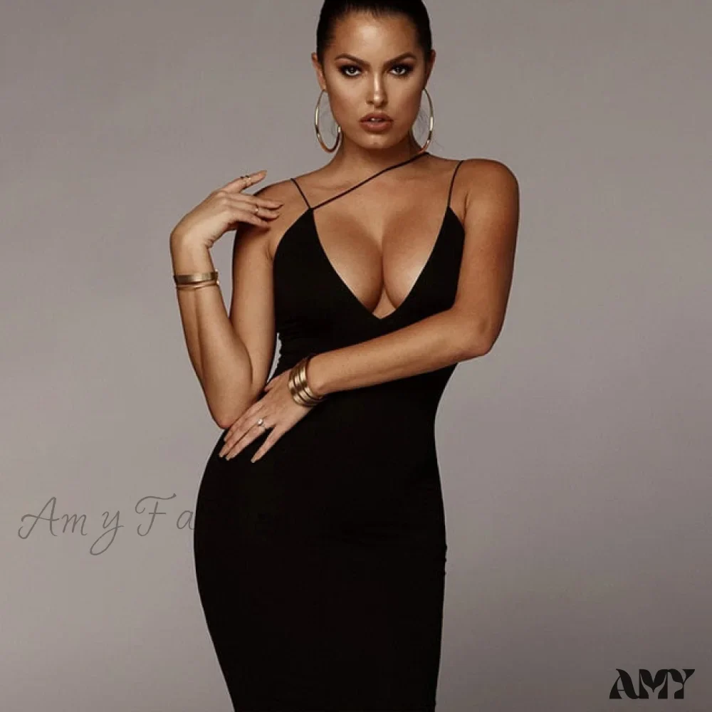 Amy Fashion - Sling V-neck Slim Fit Bodycon Long Dress - Image 2